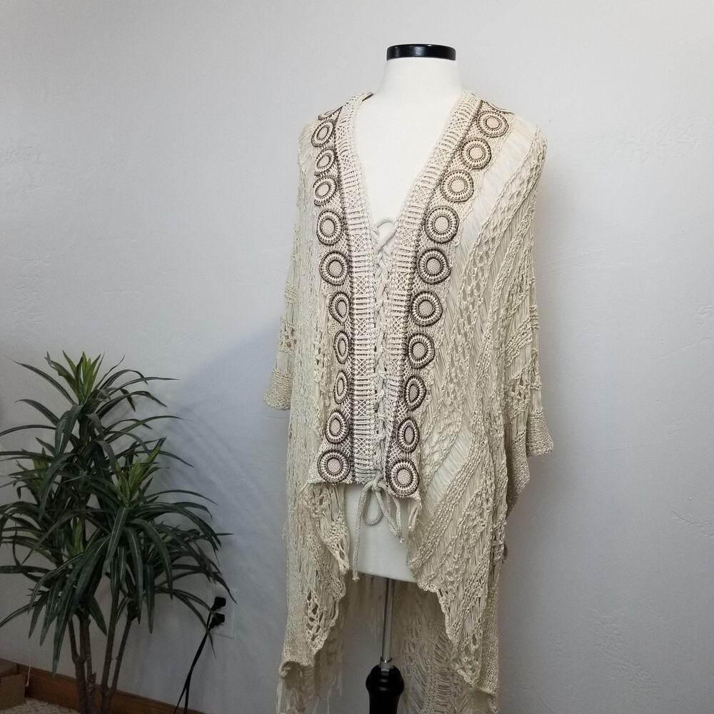 Origami Cardigan Womens Medium Cream Art to Wear Boho Crochet Kimono Fringe
